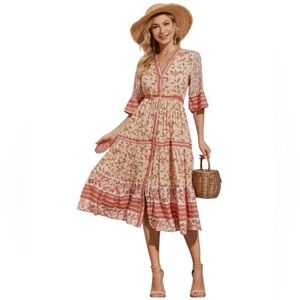 R. Vivimos Bohemian Peach Floral V-Neck Button Down Midi Summer Dress Sz S 4/6